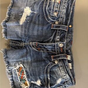 Miss Me Blue Distressed Denim Shorts with Embroidery
